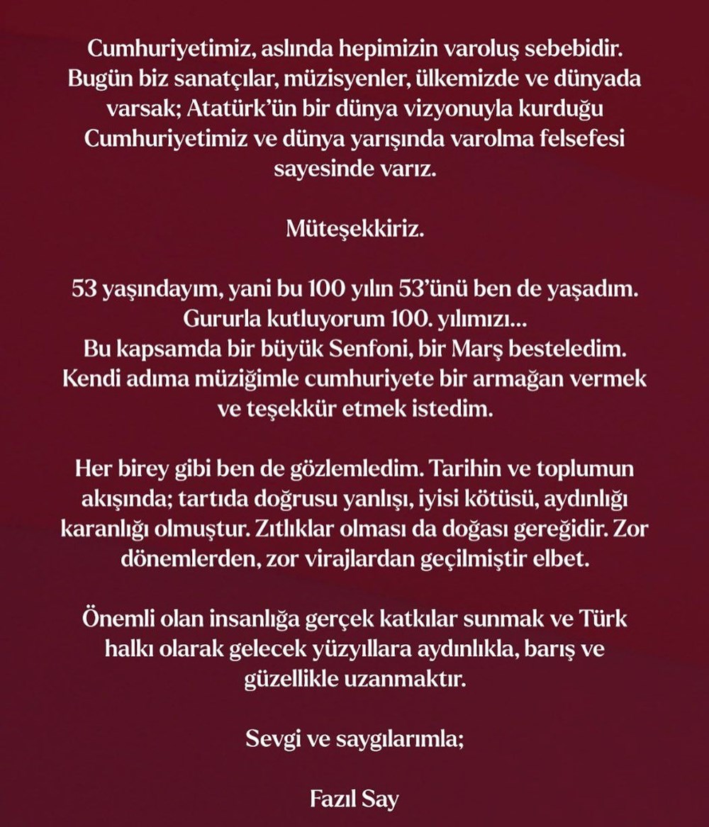 Ünlülerden 29 Ekim Cumhuriyet Bayramı ve Cumhuriyet’in 100. yılı kutlama mesajları 5 Ünlülerden 29 Ekim Cumhuriyet Bayramı ve Cumhuriyet'in 100. yılı kutlama mesajları - 4