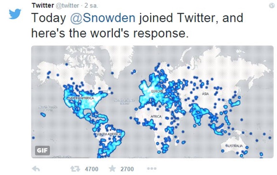 Twitter, resmi hesabından Edward Snowden'ın Twitter'a katıldığını yazdı ve dünya haritası üzerinden takipçilerinin dağılımını paylaştı.