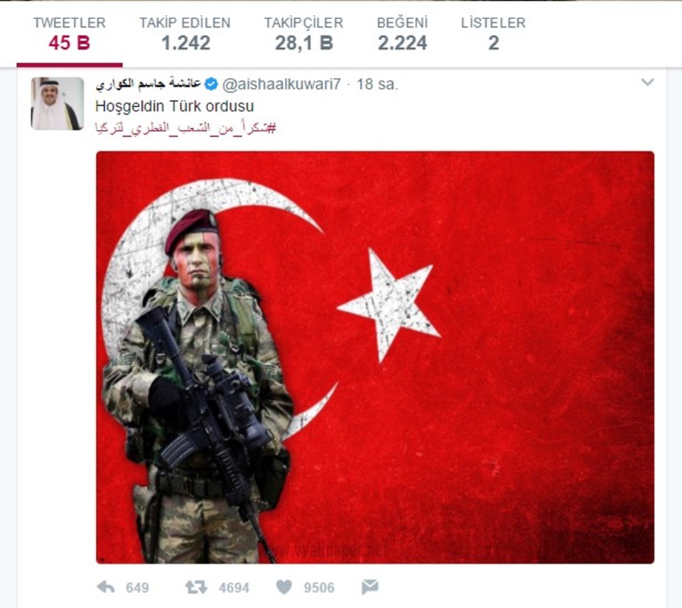 Katar Emiri Temim bin Hamad es-Sani kişisel Twitter hesabından "hoş geldin Türk ordusu" mesajını paylaştı.