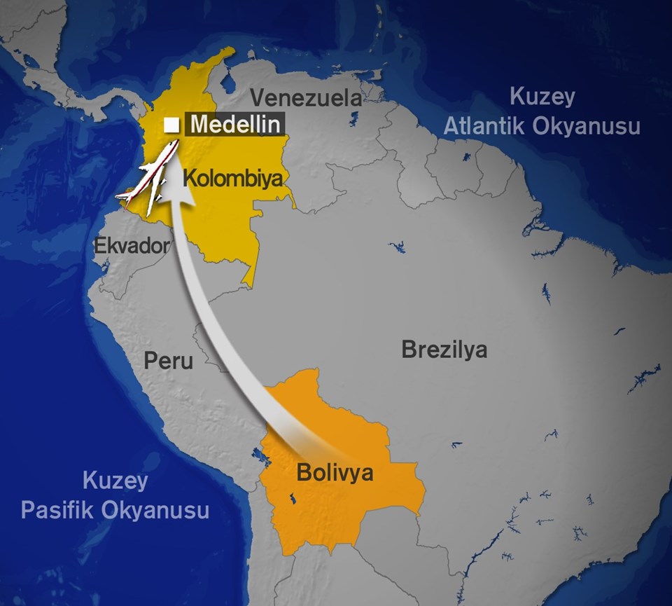 Brezilyalı futbolcuları da taşıyan uçak Kolombiya'nın Medellin kentinin hemen dışında bulunan dağlık alana düştü.

