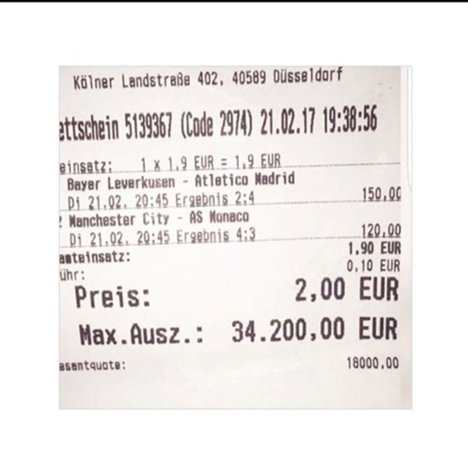 İşte Mustafa Çelik'in Almanya'da oynadığı 2 euroluk kuponu