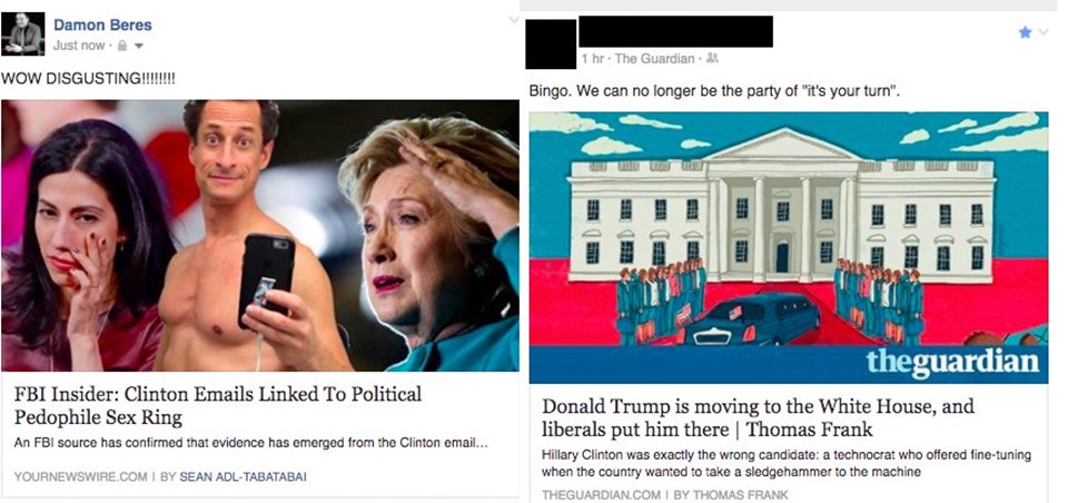 Facebook haber kaynağından bir örnek: Solda Clinton aleyhine sahte bir haber, sağda Trump'ın neden başkan seçildiğiyle ilgili gerçek bir haber.