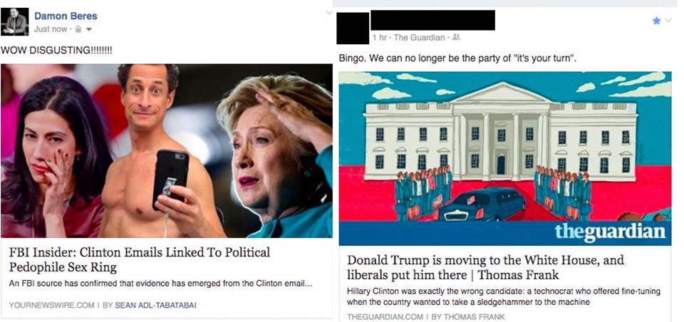 Facebook haber kaynağından bir örnek: Solda Clinton aleyhine sahte bir haber, sağda Trump'ın neden başkan seçildiğiyle ilgili gerçek bir haber.
