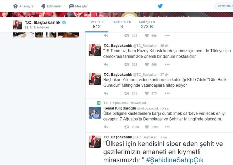 Başbakan Binali Yıldırım, Başbakanlık'ın resmi twitter hesabından CHP Lideri Kemal Kılıçdaroğlu'nun 7 Ağustos Yenikapı mitingine ilişkin tweet'ini kendi takipçileri ile paylaşarak retweet'ledi. Binali,EeX3cbHSbUqlvgSDdIW4Lg