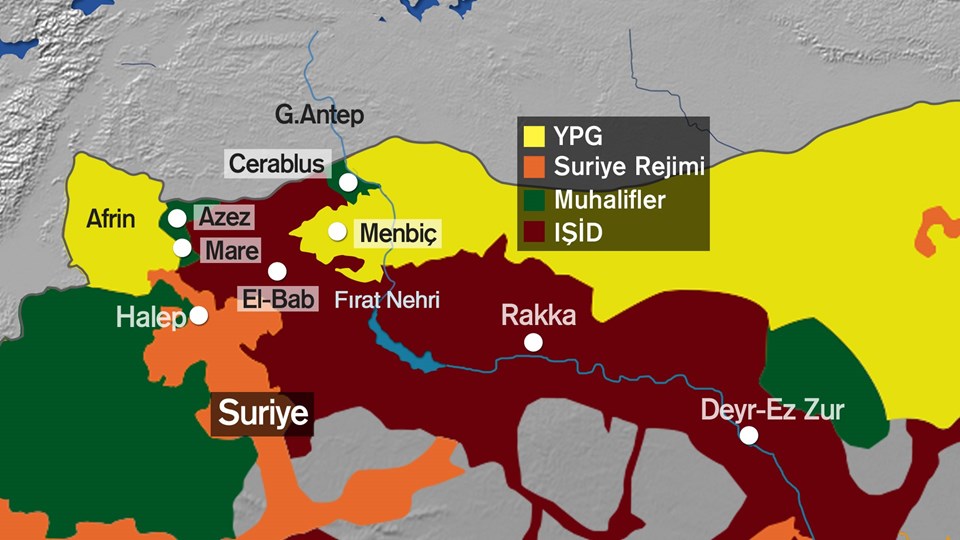Bölgeye ilişkin haritalarda Cerablus artık muhaliflerin kontrolu altında.<br />