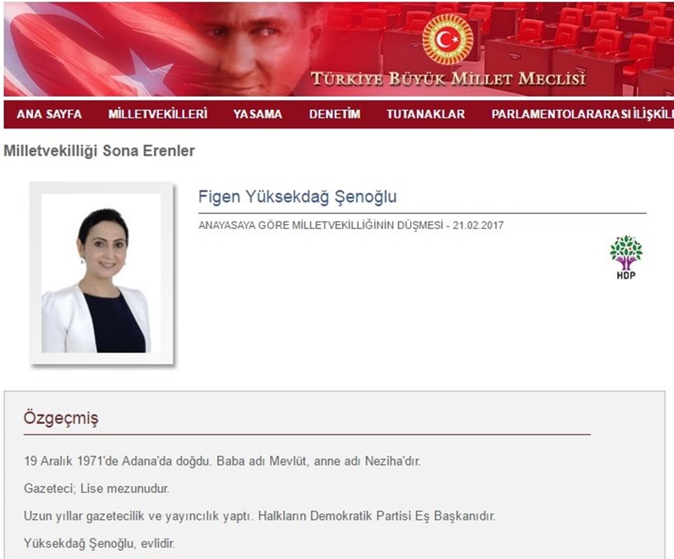 Figen Yüksekdağ'ın ismi, TBMM'nin internet sitesinde ''Milletvekilliği sona erenler'' başlığı altında yayımlandı.