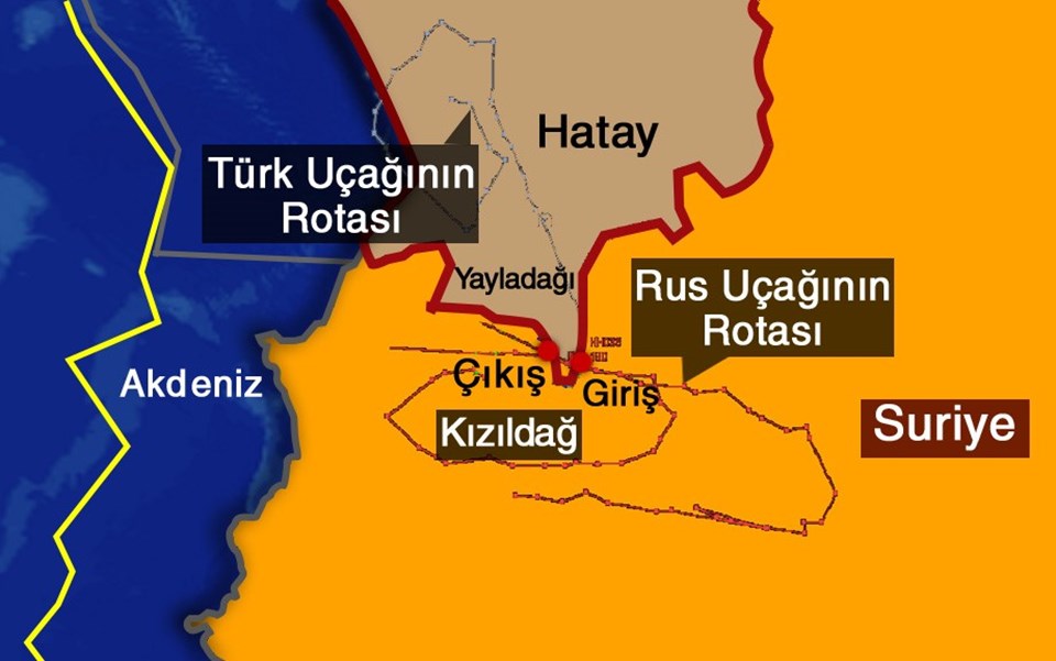 Genelkurmay radar izini açıkladı. Görüntüde mavi çizgi Türkiye sınırını, kırmızı çizgi ise Rus savaş uçağının izlediği rotayı gösteriyor.
