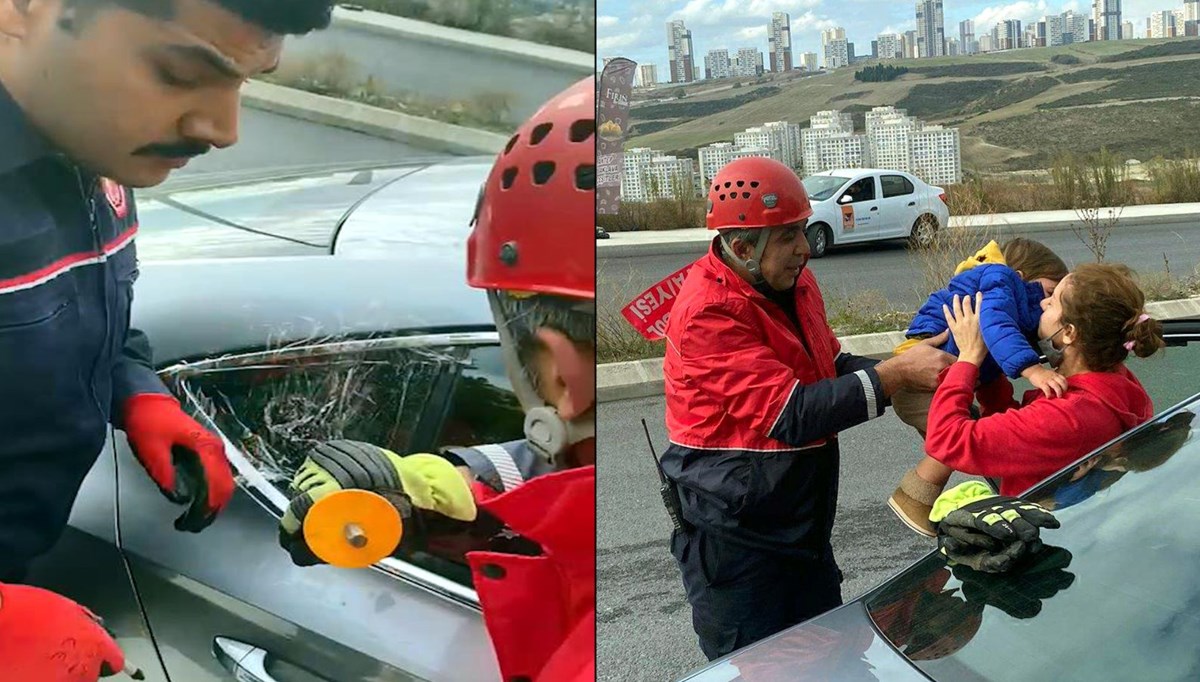 Otomobilde mahsur kalan çocuğu itfaiye kurtardı