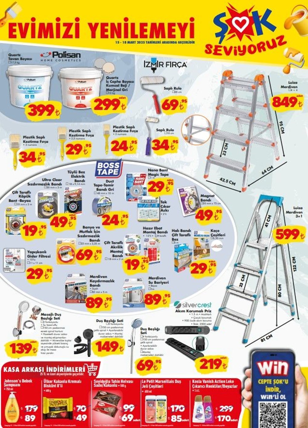 ŞOK'ta 15-18 Mart indirimleri: Geçen senenin Mart fiyatları ile ŞOK aktüel ürünleri! Bu hafta ŞOK marketlerde tavan ve iç cephe boyaları, merdiven, fırça çeşitleri, akım korumalı priz... - 2