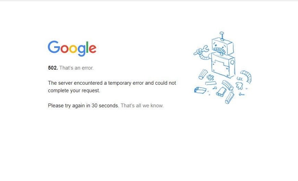 Google'ı kullanmak isteyen kullanıcılar 502 uyarısı ile karşılaştı.