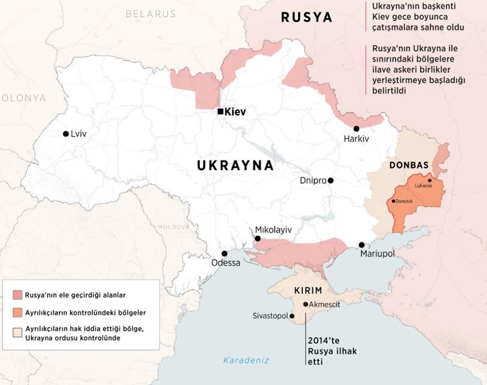 Rusya'nın Ukrayna'da ele geçirdiği bölgeler. 