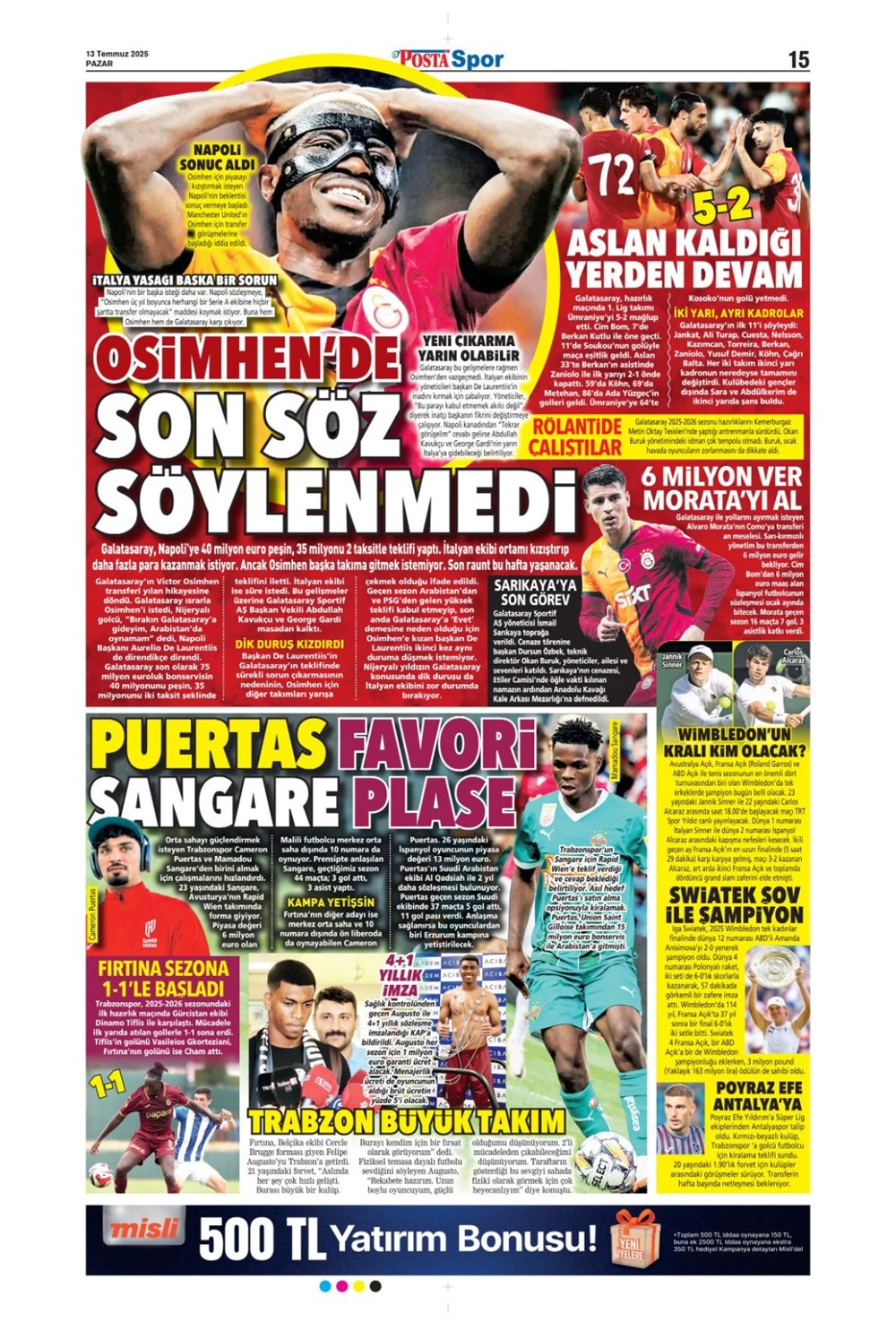 "Transfer şov" (13 Temmuz 2025 spor manşetleri) - 13
