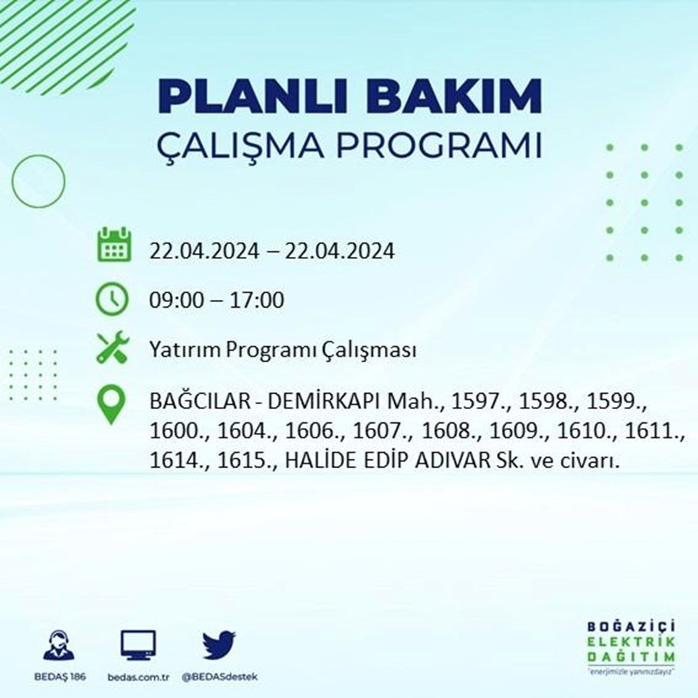 تركيا اليوم انقطاع للتيار الكهربائي في 18 منطقة في إسطنبول اعتبارًا من بداية الأسبوع انقطاع التيار الكهربائي عن 18 منطقة بإسطنبول: متى تعود الكهرباء؟ (جدول قطع BEDAŞ بتاريخ 22 أبريل) - 9