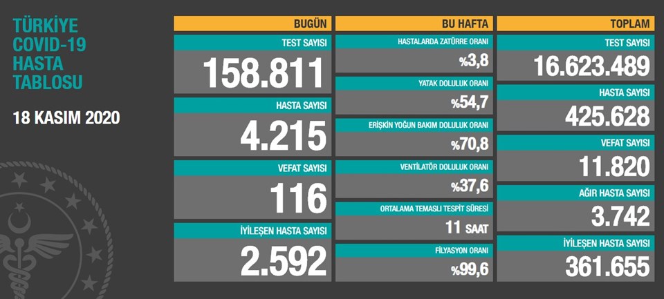 18 Kasım 2020 corona virüs tablosu: 116 can kaybı, 4 bin 215 yeni hasta - 1