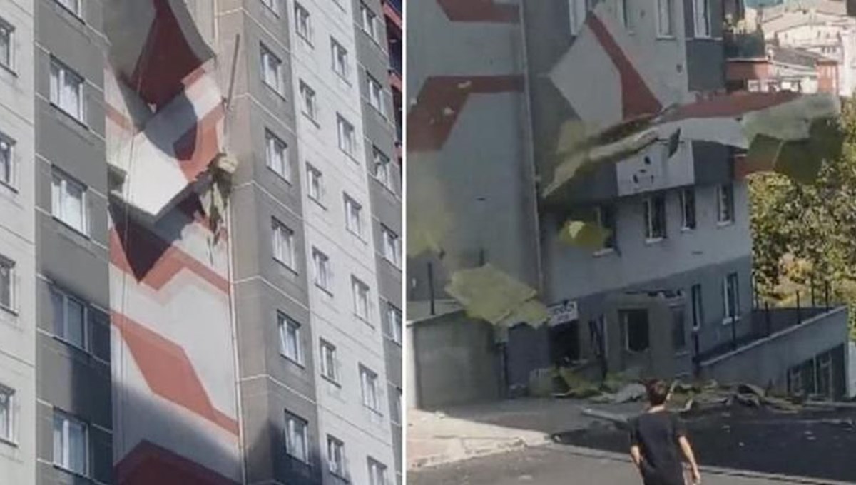 İstanbul'da 15 katlı binanın dış cephe kaplamaları çöktü İstanbul'da 15 katlı binanın dış cephe kaplamaları çöktü
