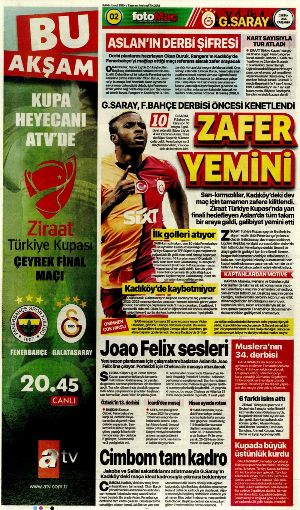 "Derbi bayramı" (2 Nisan 2025 spor manşetleri) - 2