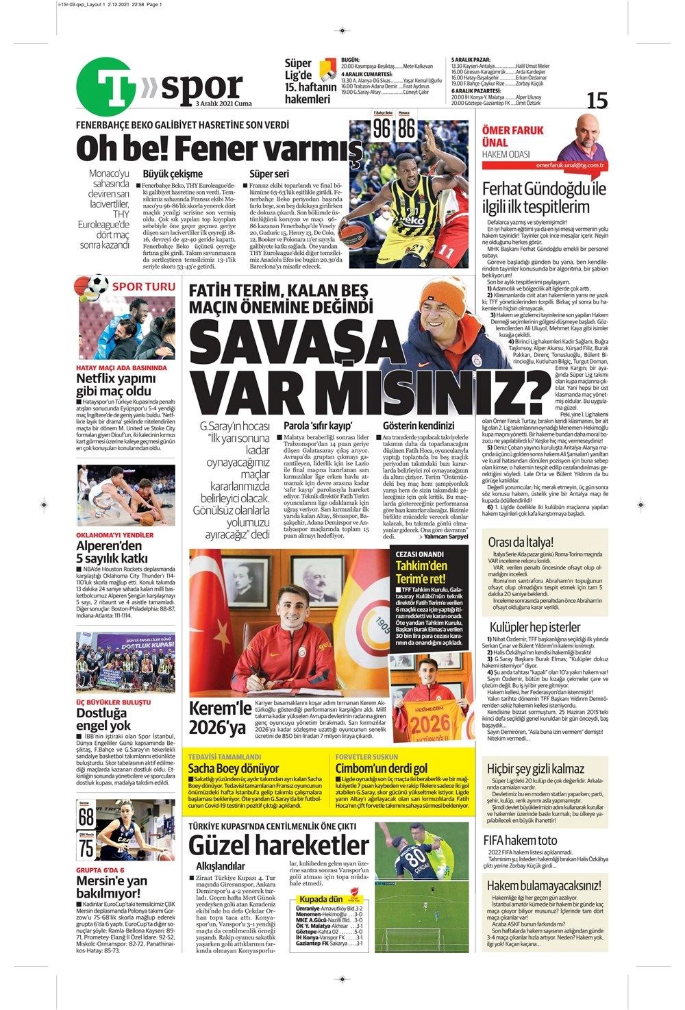 gunun spor mansetleri 3 aralik 2021 son dakika spor haberleri ntv haber