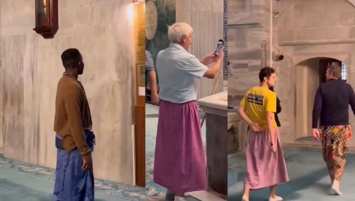 Camide etek giyen erkek turistler gündem oldu: Kuralı yanlış anladıkları sanıldı Camide etek giyen erkek turistler gündem oldu: Kuralı yanlış anladıkları sanıldı