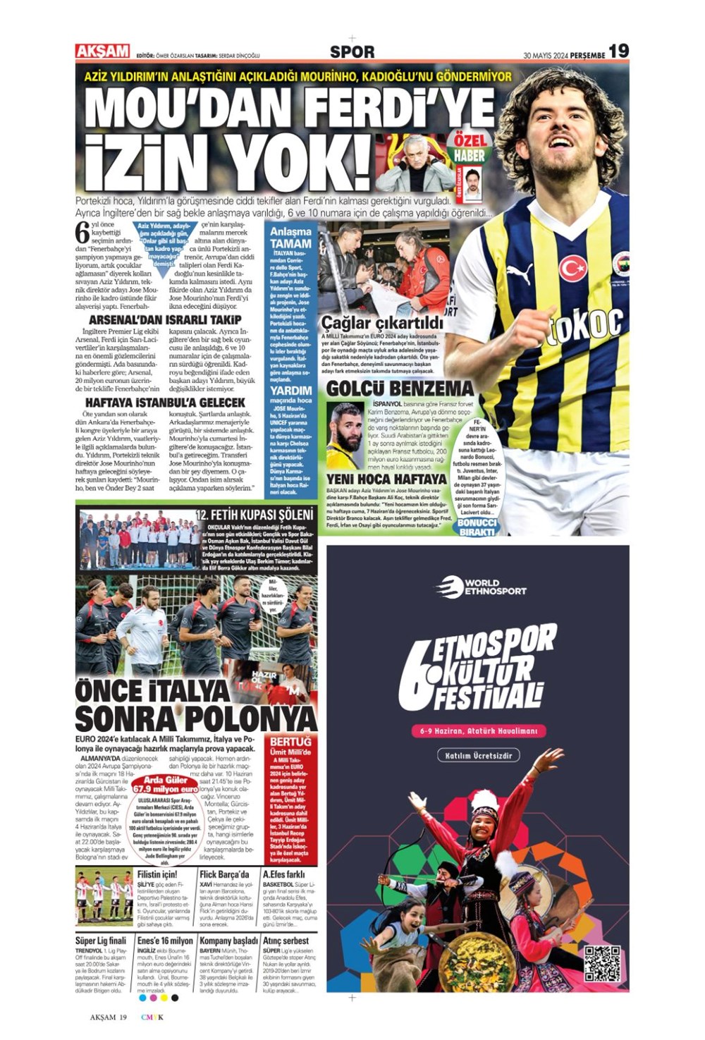 "Mou'dan Ferdi'ye izin yok" (30 Mayıs 2024 spor manşetleri) - 1
