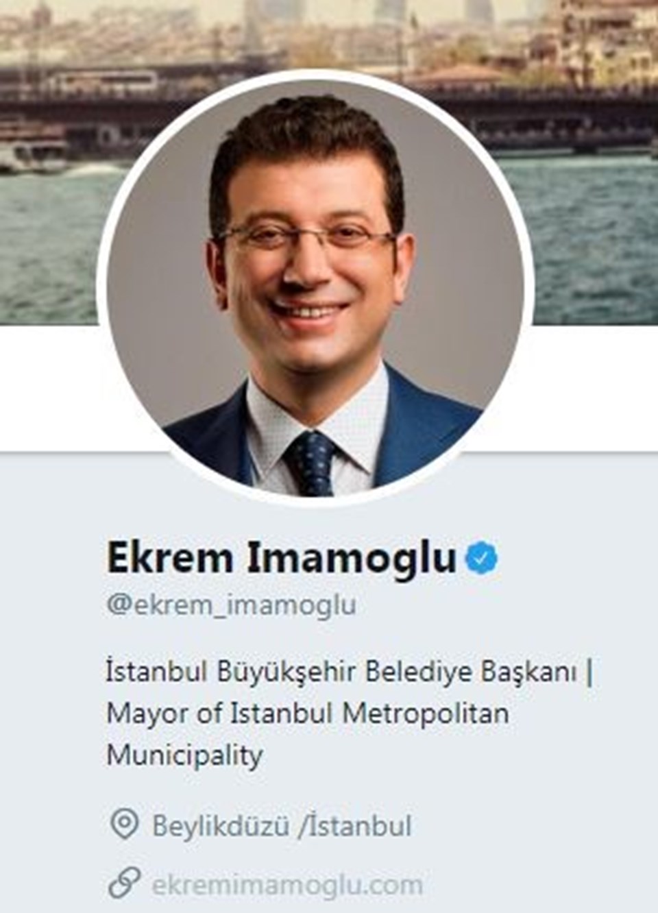 Ekrem İmamoğlu Twitter profilini, İstanbul Büyükşehir Belediye Başkanı olarak güncelledi.