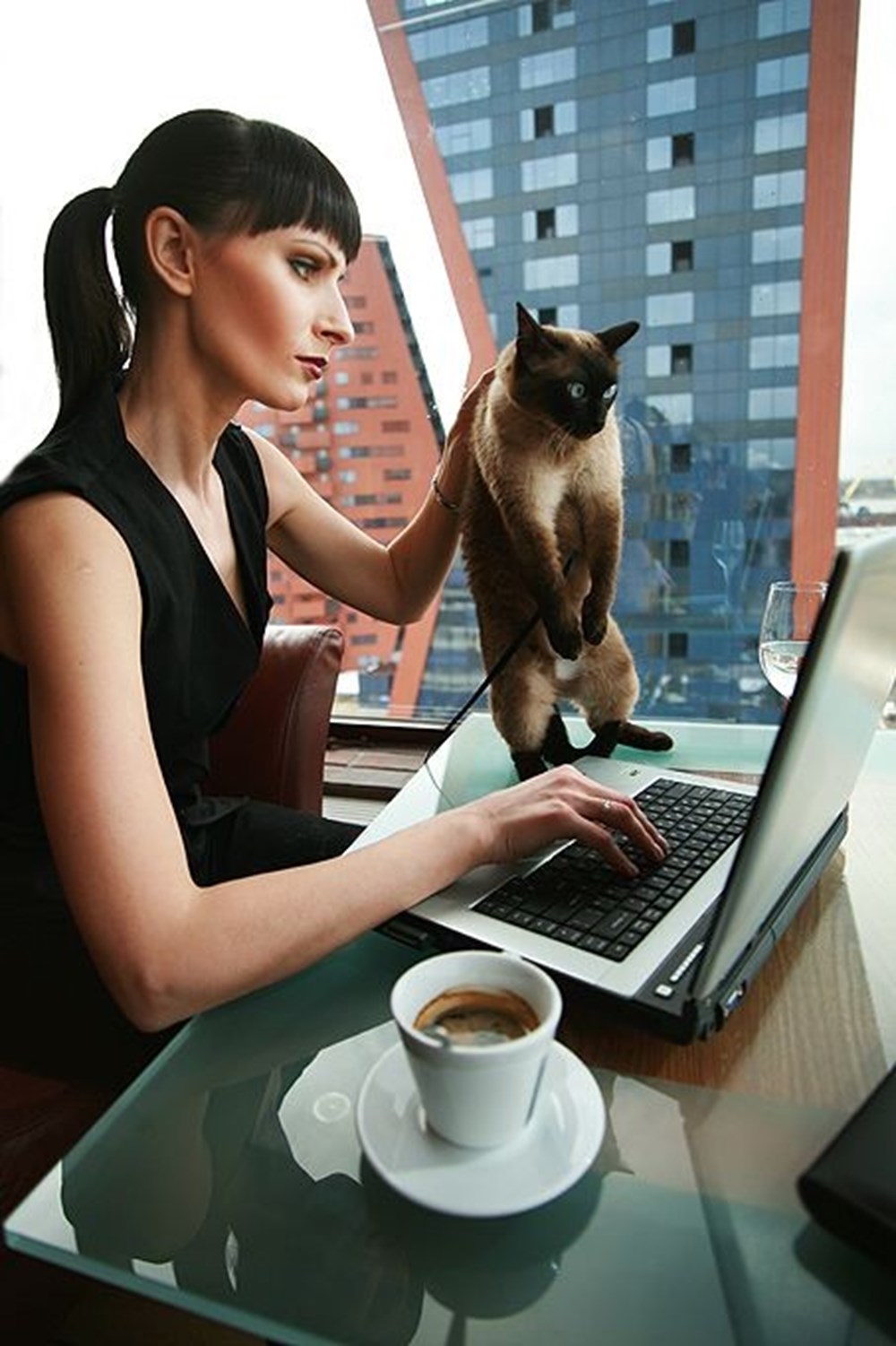 Девушка у компьютера с котом