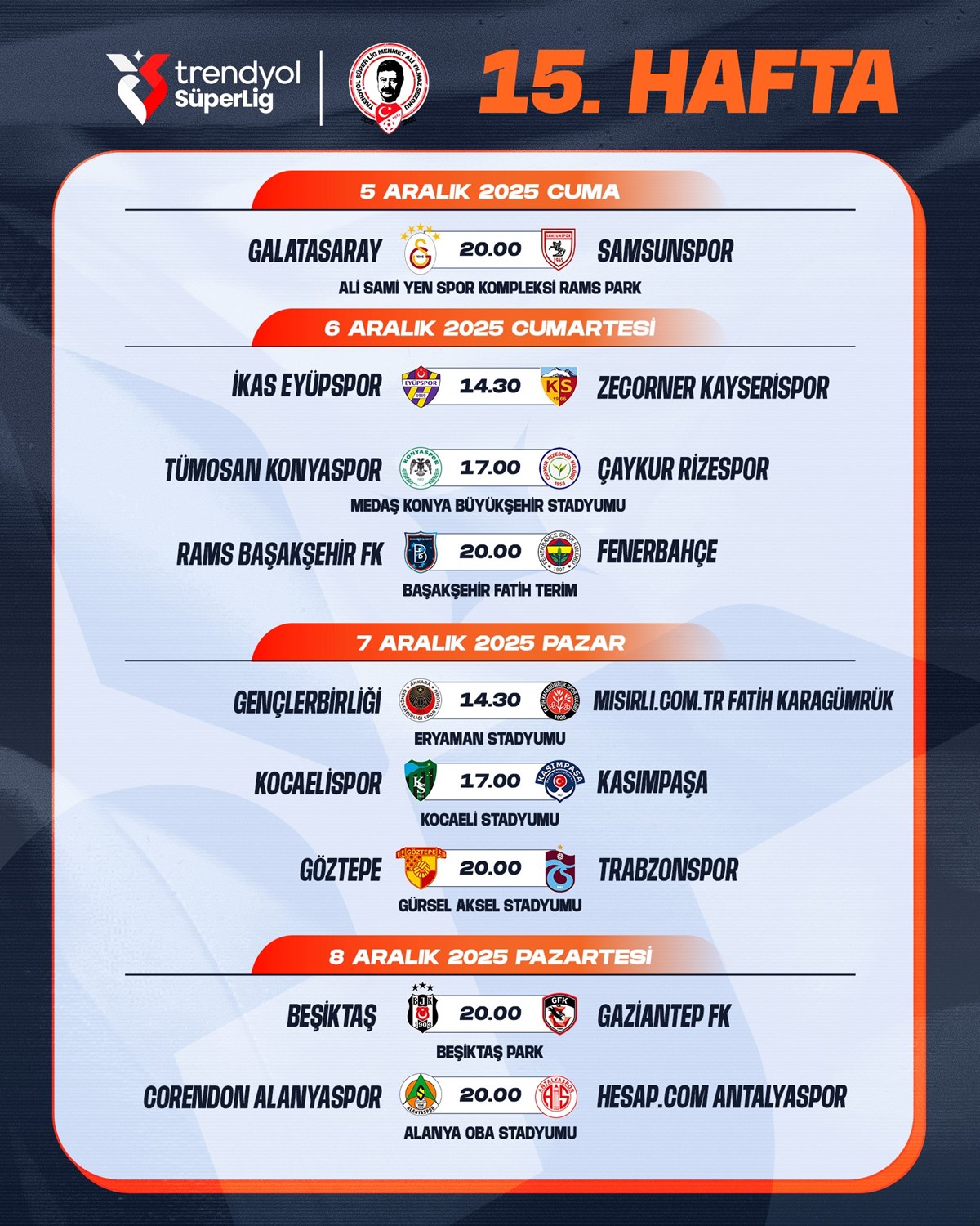 Süper Lig 15. hafta programı