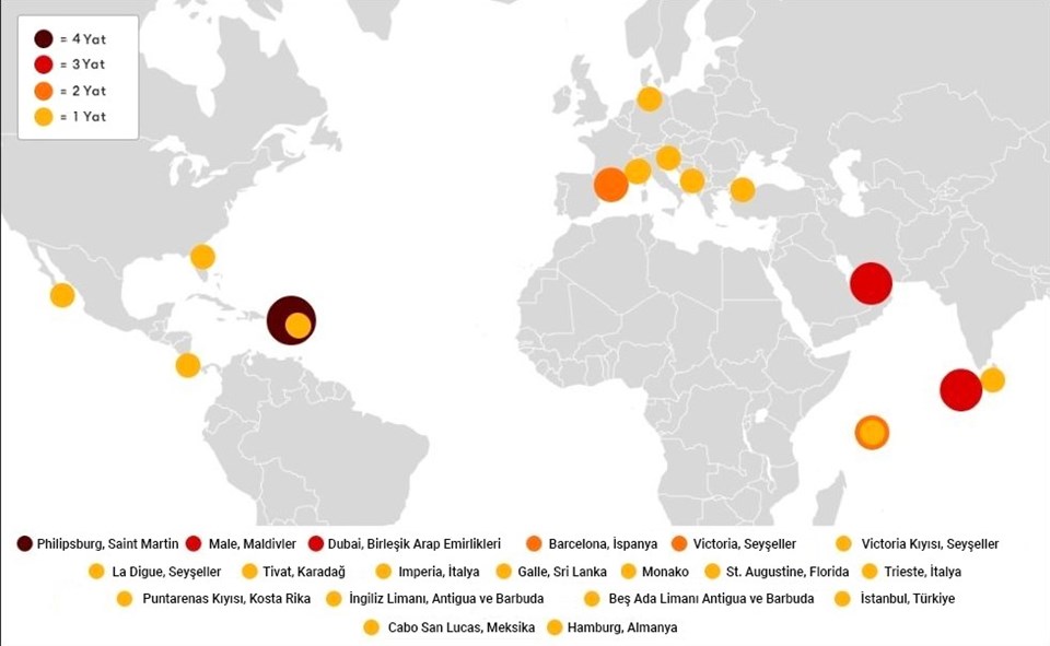 Oligarklara ait 32 megayatın bulunduğu yer böyle saptandı. Koyu noktalar 4'den fazla, kırmızı noktalar 3'den fazla, sarı noktalar ise 1 yatın bulunduğu yeri gösteriyor. (Kaynak: Forbes)