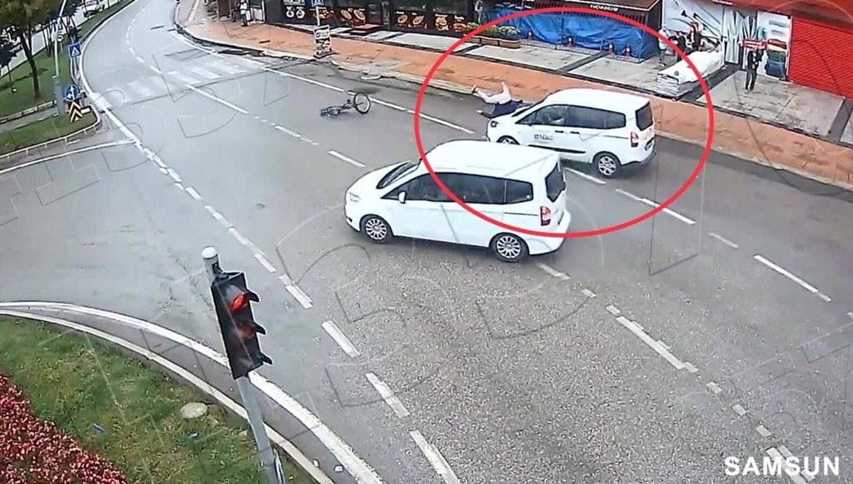 Aracın çarptığı bisiklet sürücüsü havada taklalar attı