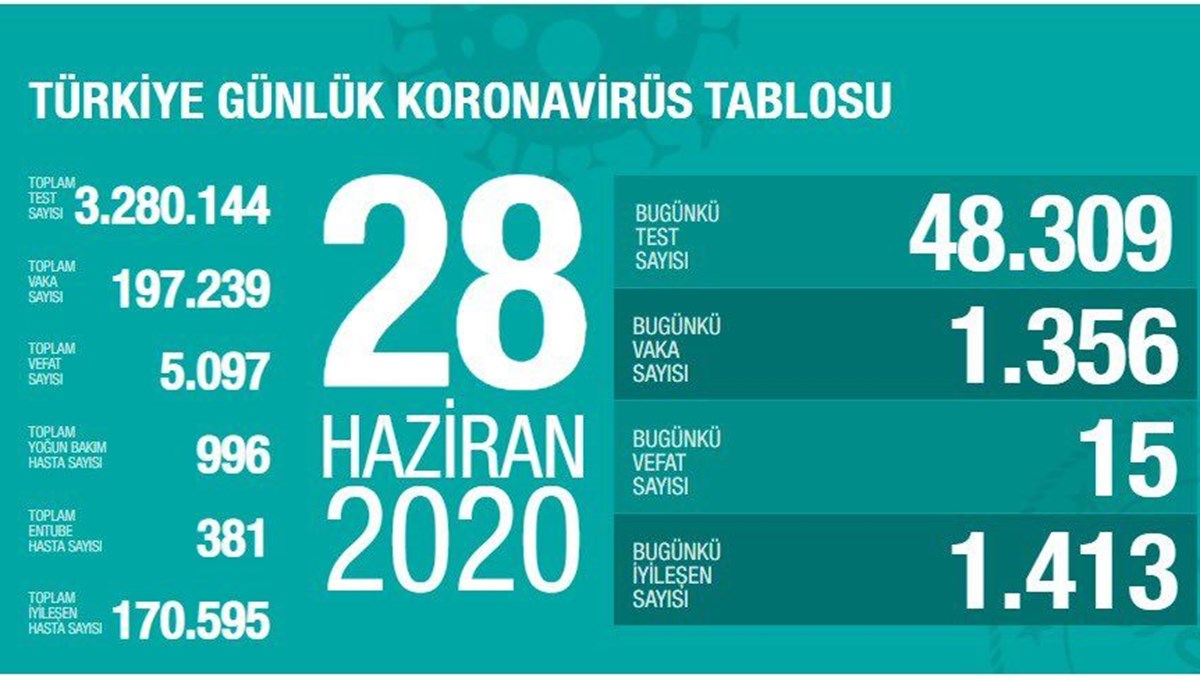 Türkiye'de corona virüs: Son 24 saatte 15 can kaybı, bin 356 yeni vaka (28 Haziran 2020)