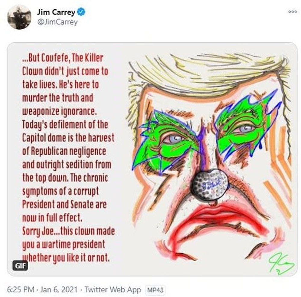 Jim Carrey, Kongre Binası baskını sonrası Donald Trump'ı 'katil palyaço'olarak resmetti - 1
