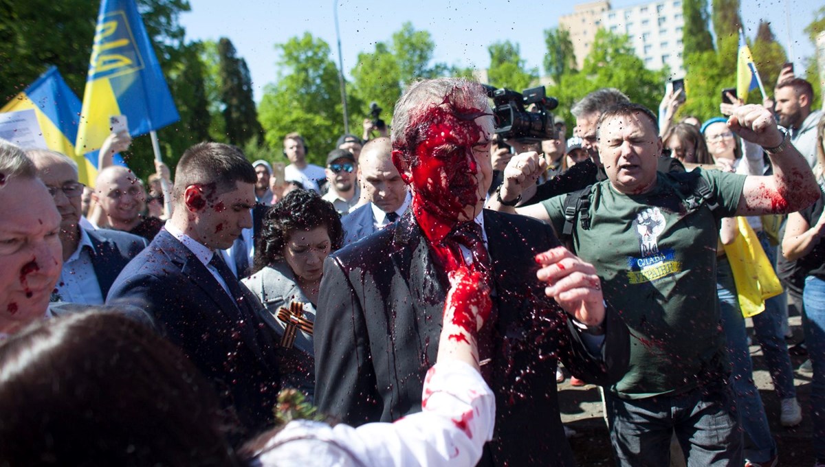 Red painted protest against Russian Ambassador to Warsaw Andreev