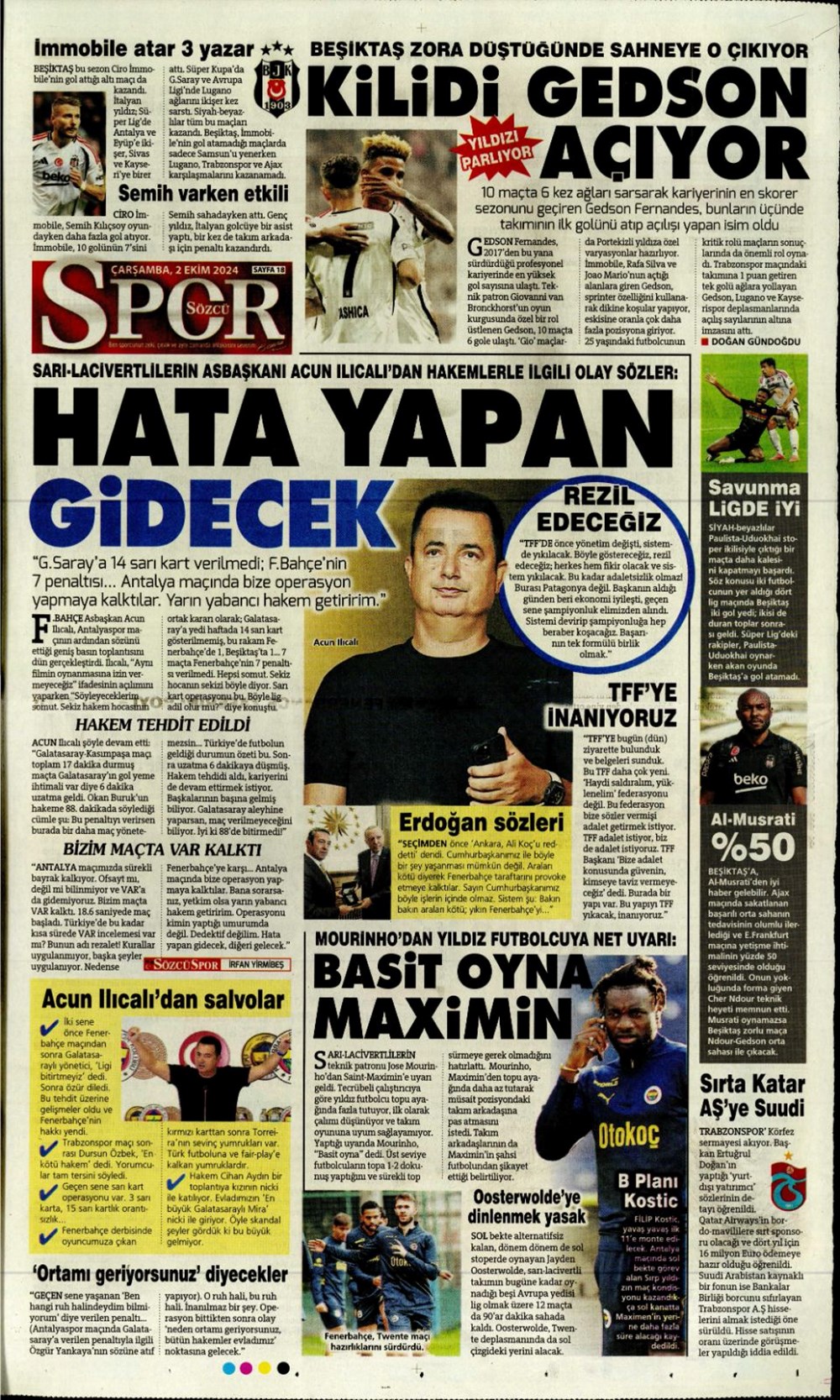 "Bir Mourinho klasiği" (2 Ekim 2024 spor manşetleri) - 11