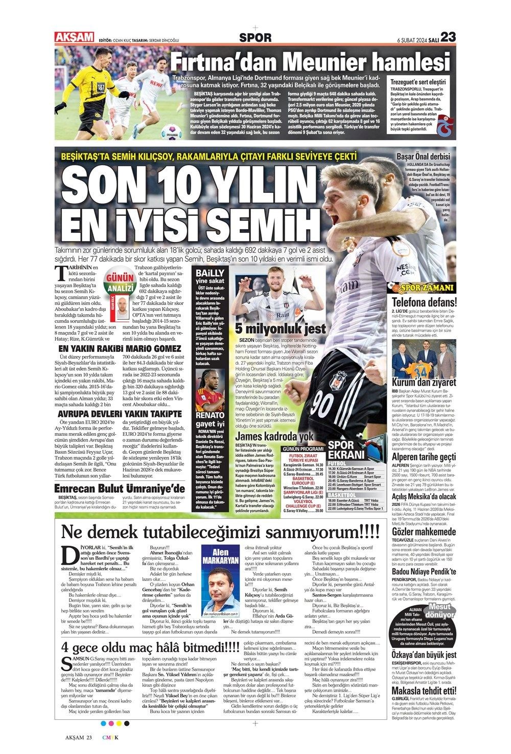 "Son 10 yılın en iyisi Semih" (6 Şubat 2024 spor manşetleri) - 1