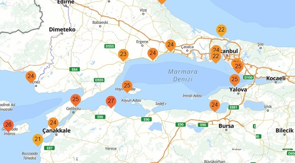 Meteoroloji verilerine göre, Marmara Denizi genelinde deniz suyu sıcaklıkları.