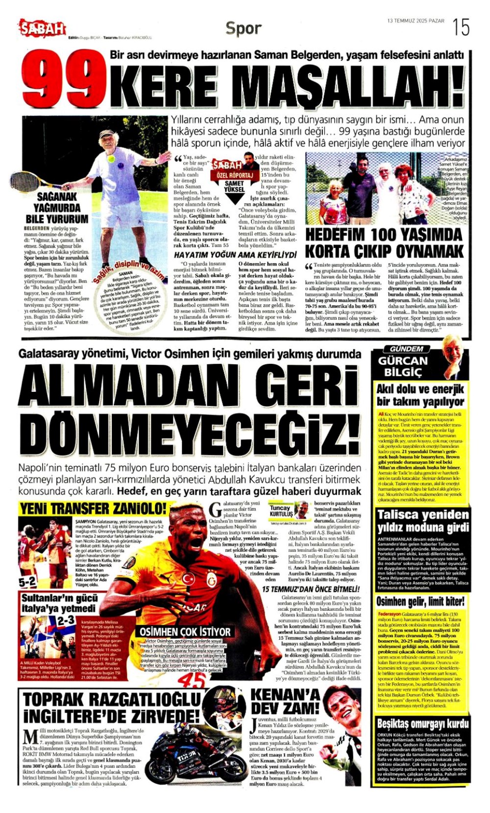 "Transfer şov" (13 Temmuz 2025 spor manşetleri) - 14