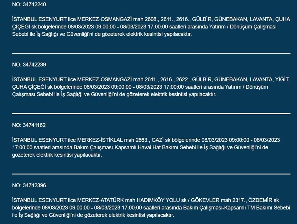 İstanbul Avrupa Yakası'nın birçok ilçesinde elektrik kesintisi (Bağcılar, Beşiktaş, Beyoğlu, Esenyurt, Sarıyer...) BEDAŞ elektrik kesintisi programı - 2