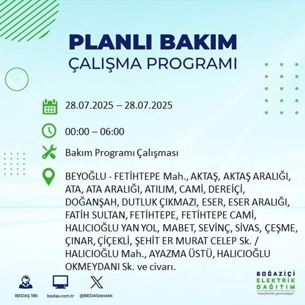 İstanbul'un 21 ilçesinde bugün elektrik kesintisi yaşanacak: Birçok ilçede 8-9 saat sürecek (28 Temmuz elektrik kesintisi listesi) - 28
