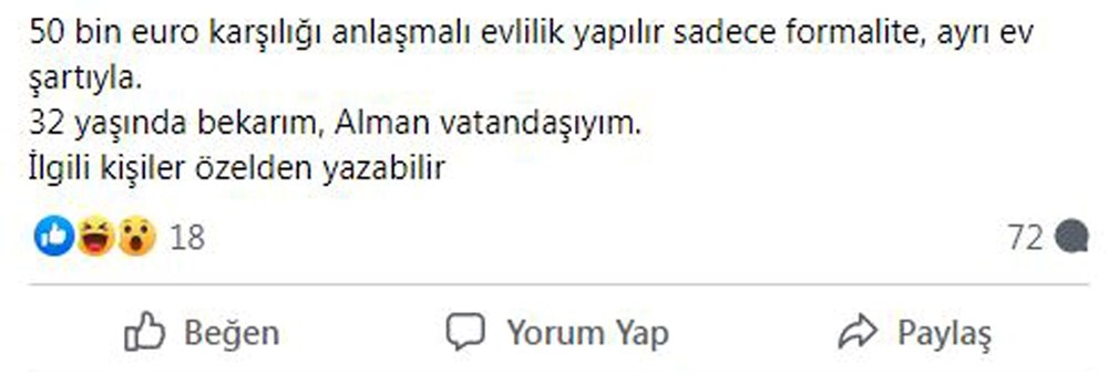 Dolandırıcıların internetteki
yeni tuzağı: “Alman vatandaşıyım, 50 bin euro karşılığında formalite evlilik
yapılır” - 6