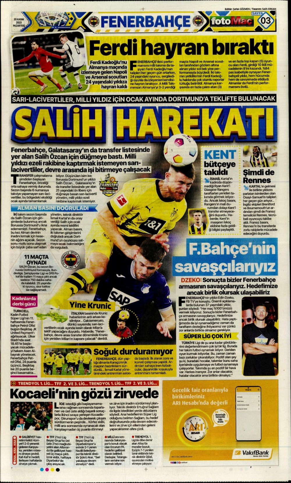 "Salih Özcan harekatı" (20 Kasım 2023 spor manşetleri) - 1