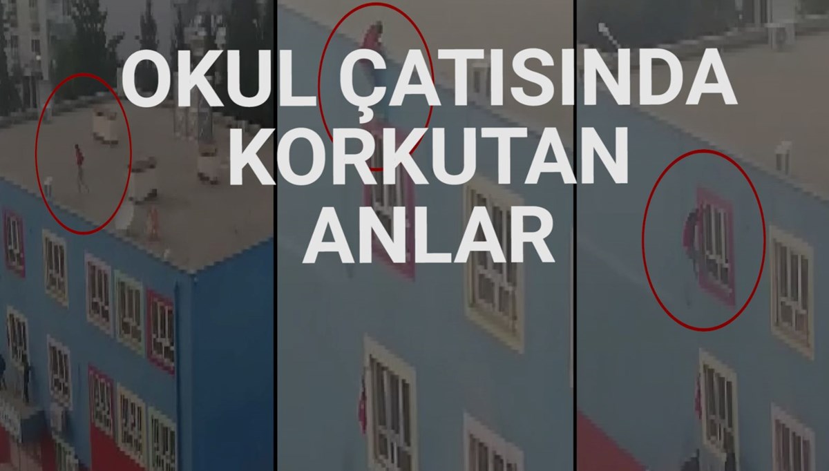 Okul çatısından pencerelere tutunarak inen çocuk kamerada Okul çatısından pencerelere tutunarak inen çocuk kamerada