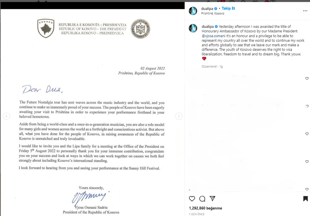 Şarkıcı Dua Lipa’ya Kosova Fahri Elçisi unvanı verildi - 3