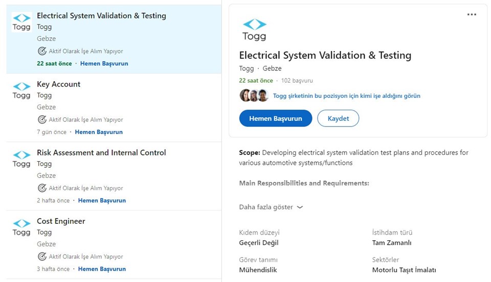 Togg'dan yeni iş ilanları - 1