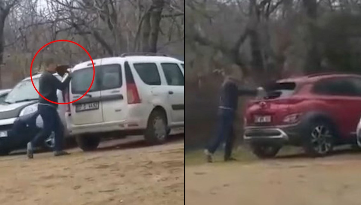 Otoparktaki araçlara kürekle böyle saldırdı