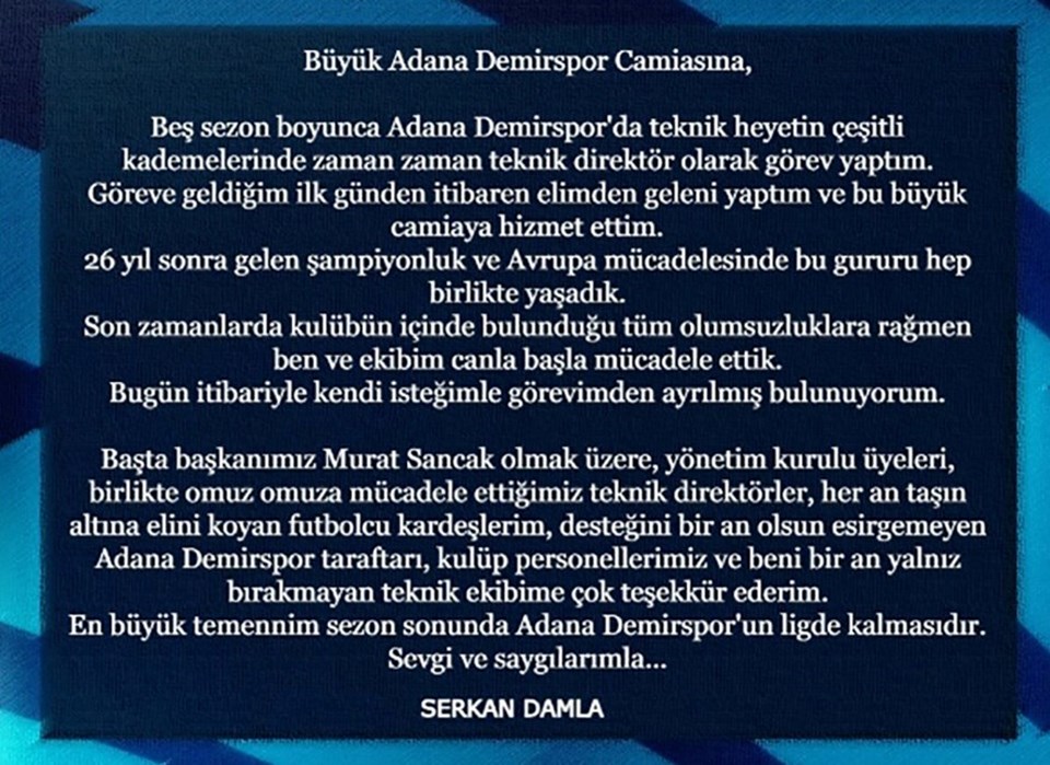 Adana Demirspor teknik sorumlusu Serkan Damla istifa etti - 1