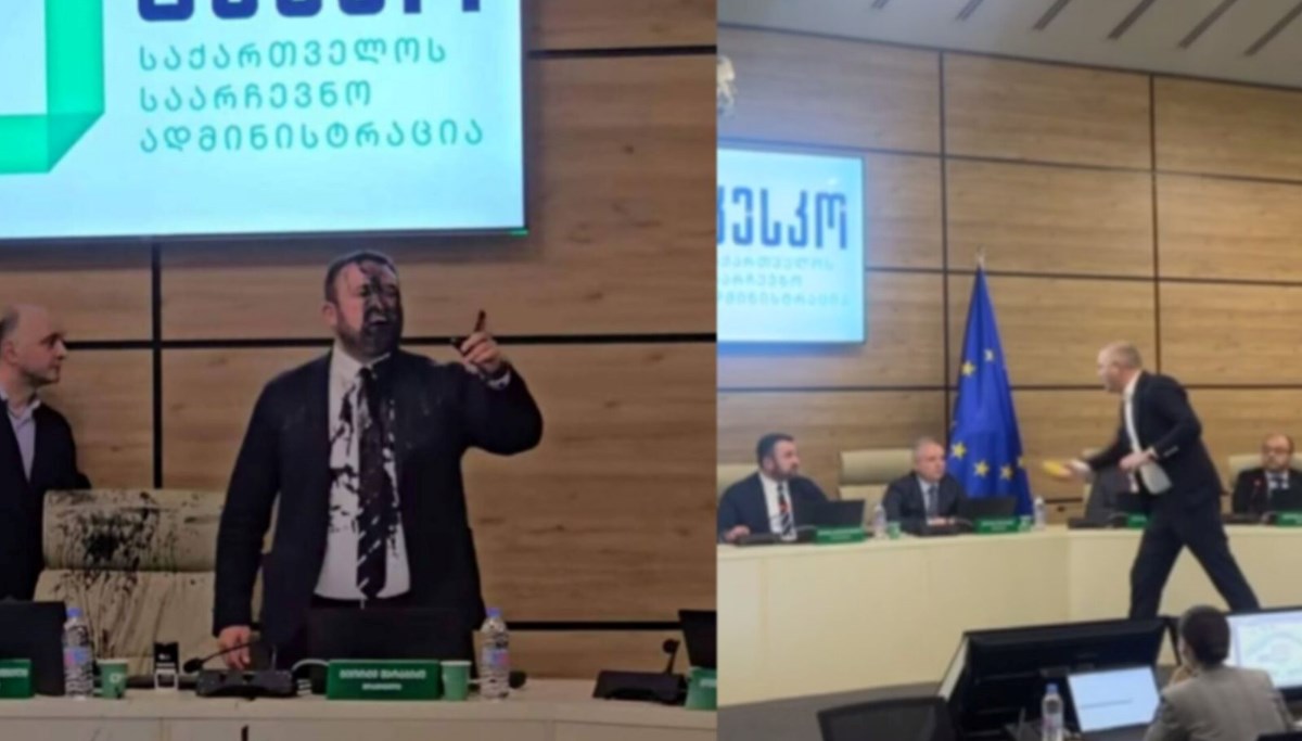 Gürcistan'da gerginlik: Seçim Komisyonu Başkanı'na siyah boya fırlatıldı Gürcistan'da gerginlik: Seçim Komisyonu Başkanı'na siyah boya fırlatıldı