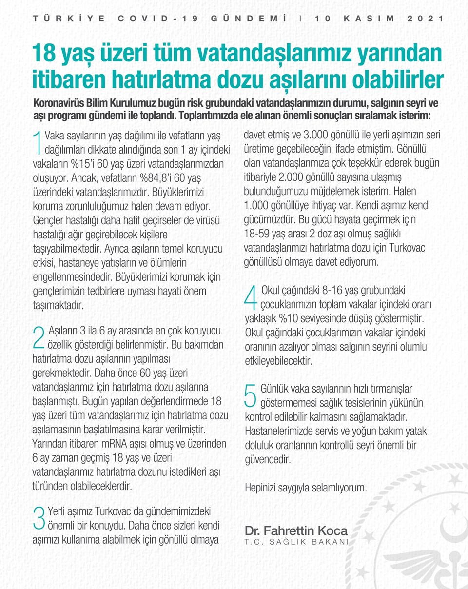 18 yaş üstüne 3. doz aşı başlıyor (Bilim Kurulu toplantısı sonrası açıklama) - 1