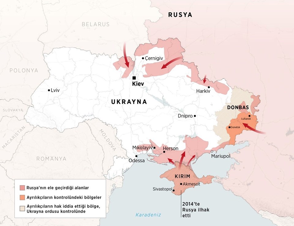 Rusya'nın Ukrayna topraklyarında ele geçirdiği alanlar