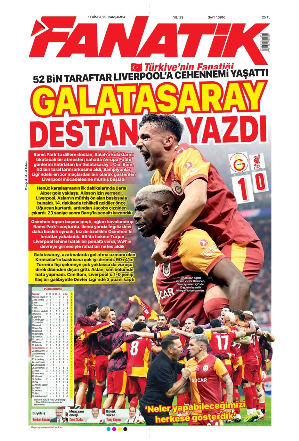 "Adı Aslan, işi destan" (1 Ekim 2025 spor manşetleri) - 2