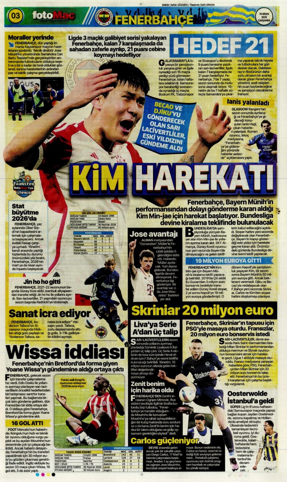 "Kim Min-Jae harekatı" (16 Nisan 2025 spor manşetleri) - 2