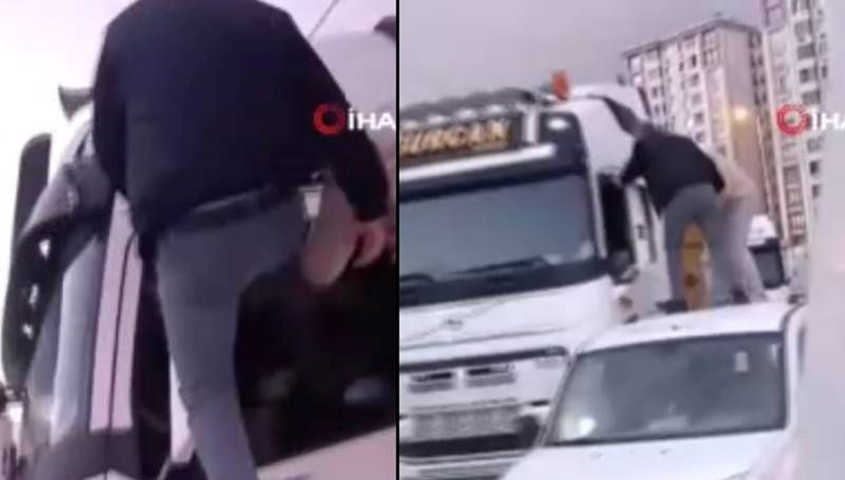TIR şoförünü arabanın üzerine çıkıp dövdüler TIR şoförünü arabanın üzerine çıkıp dövdüler